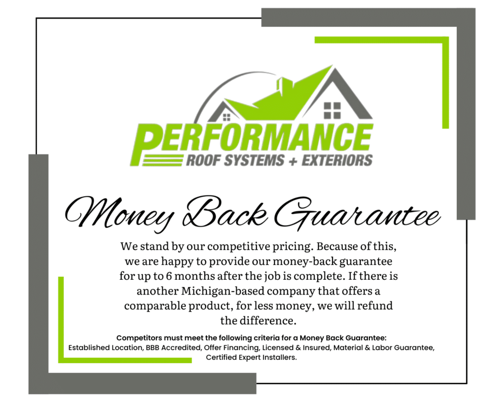 Money Back Guarantee PRSE Digital certificate for Performance Roof Systems + Exteriors in Pontiac, MI