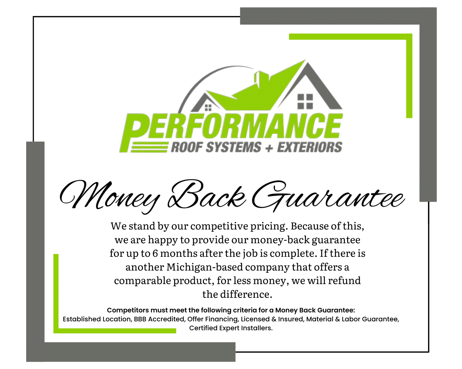 Money Back Guarantee PRSE Digital certificate for Performance Roofing and Siding in Pontiac, MI