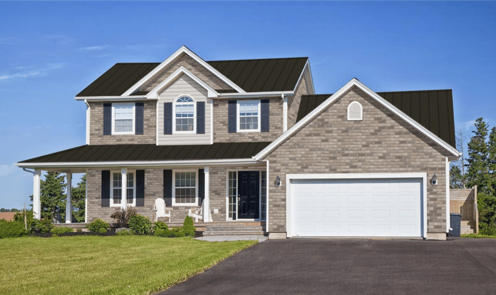 A siding design visualizer for a house with a black roof and brown siding with several windows by Performance Roofing and Siding in MI