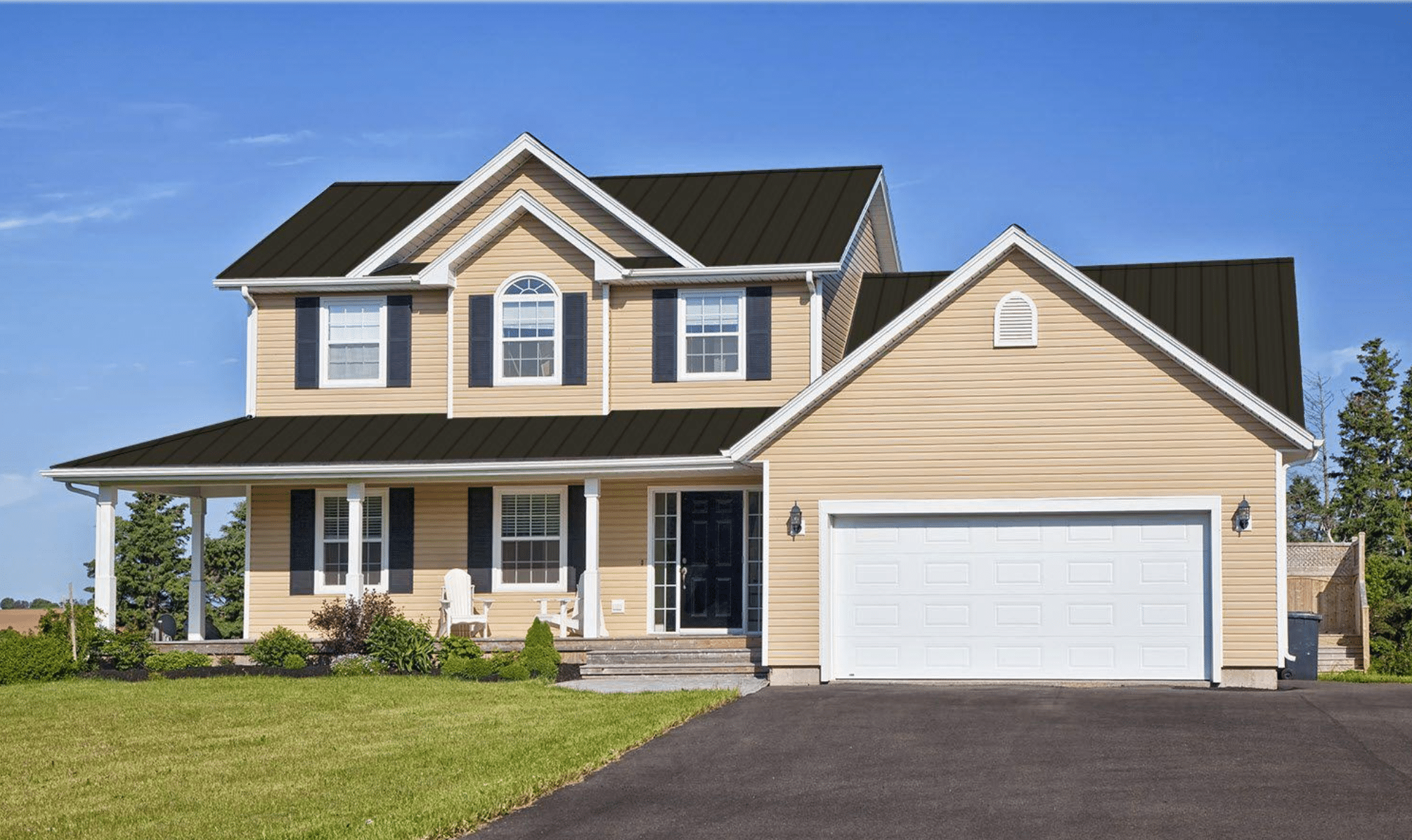 A siding design visualizer by a siding contractor for a house with a black roof and white siding with several windows by Performance Roofing and Siding in MI