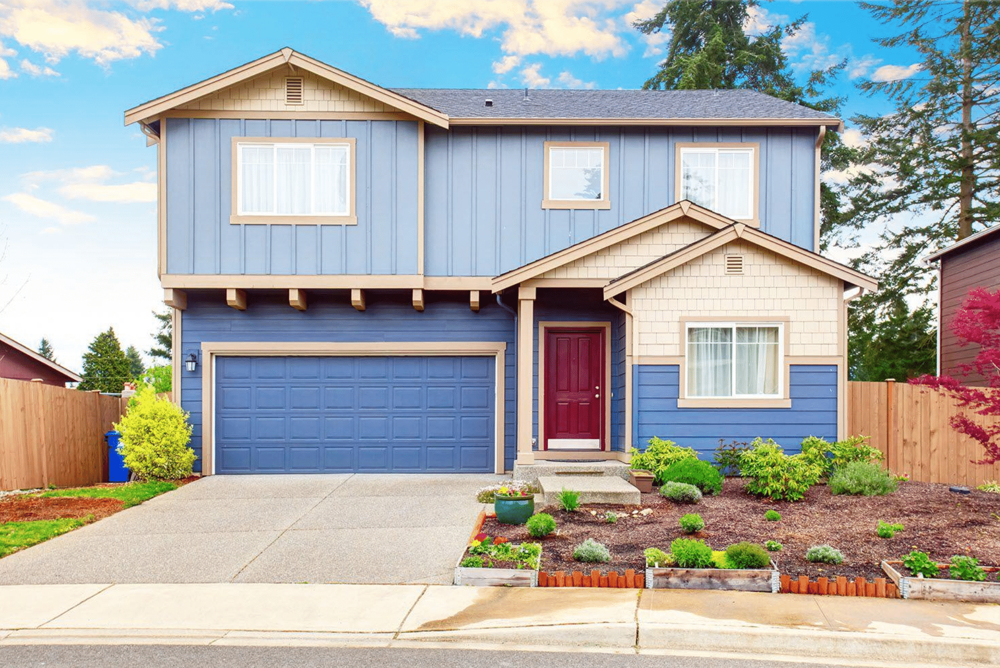 A house sketch with a blue roof and siding with a red door by Performance Roofing and Siding for residential roofing contractors in MI