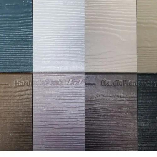 Nine samples of James Hardie siding in different Statement Collection colors, featuring a variety of textured finishes available for siding projects by Performance Roofing & Siding.