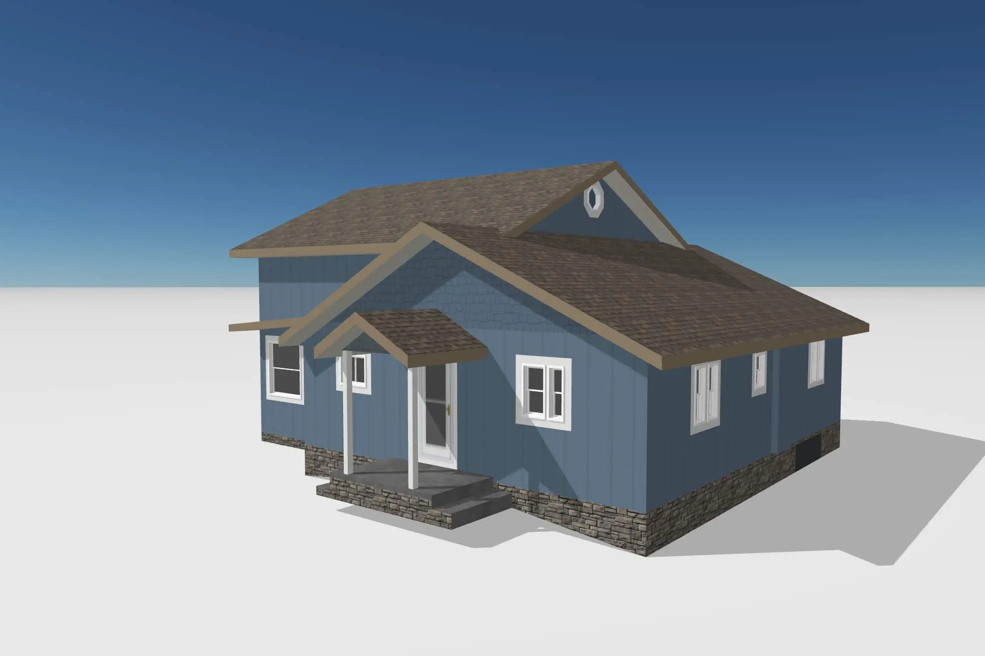 3D rendered model of a blue house with stone foundation, brown shingle roof, and white trim, illustrating a realistic roof and exterior visualization option from the Roofing Visualizer tool.